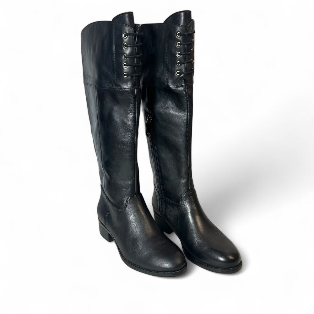 ISAAC MIZRAHI LIVE Black Leather Knee High Boots 6.5 Equestrian Goth Moto Twee